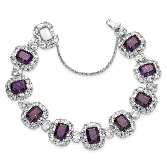 Cheryl M Sterling Silver Rhodium-plated Polished Fancy Purple and White CZ Halo Cluster with Safety Chain 7 Inch Bracelet QCM1714PUR-7