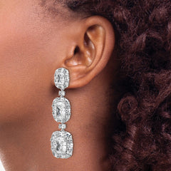 QCM1715 Cheryl M Sterling Silver Rhodium-plated Polished Fancy Cushion-cut CZ Halo Cluster Post Dangle Earrings