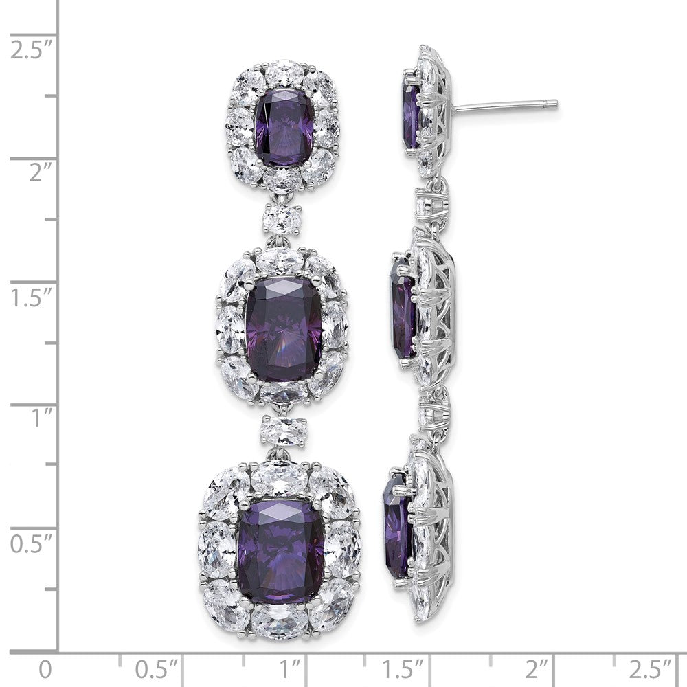 QCM1715PUR Cheryl M Sterling Silver Rhodium-plated Polished Fancy Purple and White CZ Halo Cluster Post Dangle Earrings