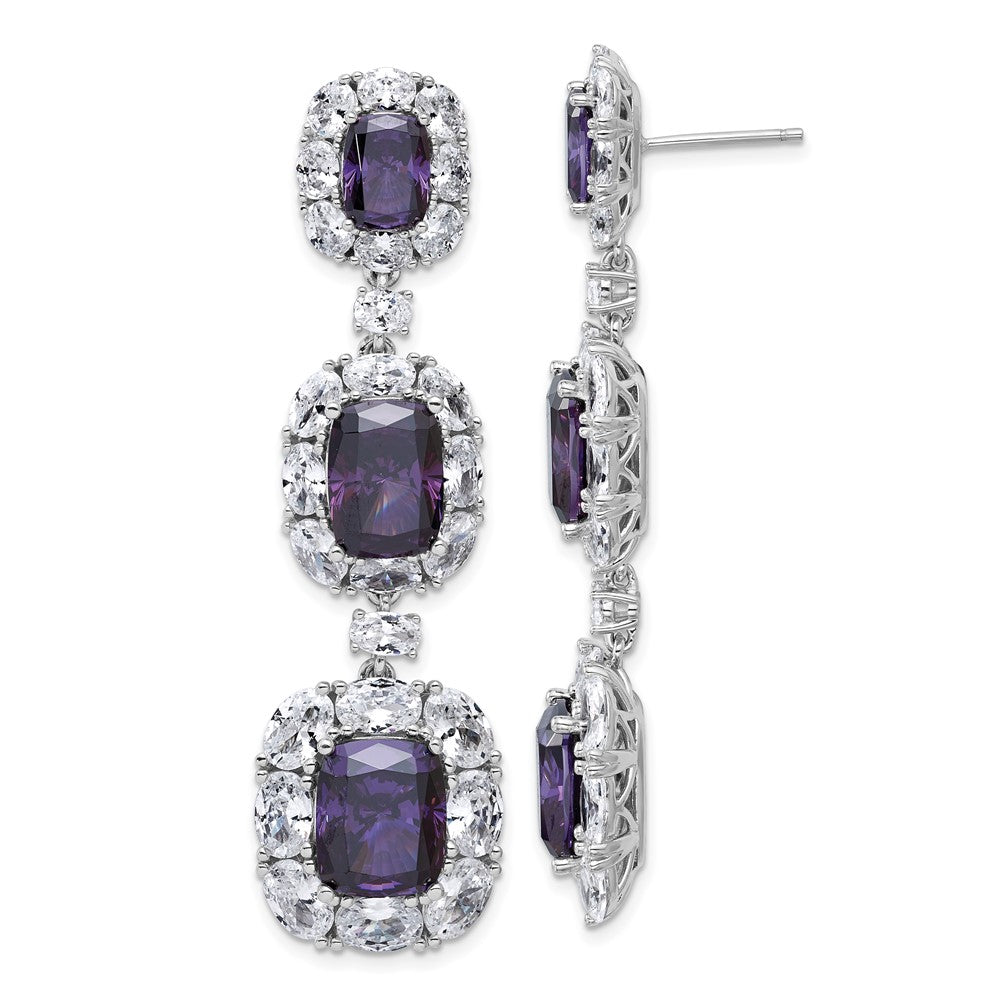 QCM1715PUR Cheryl M Sterling Silver Rhodium-plated Polished Fancy Purple and White CZ Halo Cluster Post Dangle Earrings