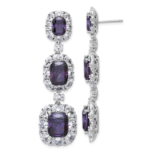 QCM1715PUR Cheryl M Sterling Silver Rhodium-plated Polished Fancy Purple and White CZ Halo Cluster Post Dangle Earrings