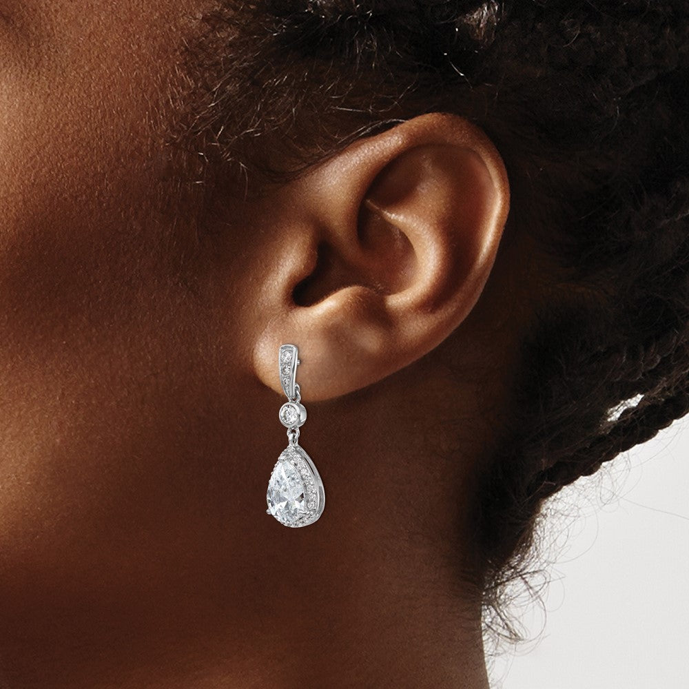 QCM173 Cheryl M Sterling Silver Rhodium-plated Brilliant-cut CZ Teardrop and Bezel Halo Post Dangle Earrings
