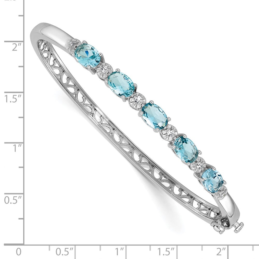 Cheryl M Sterling Silver Rhodium-plated Polished Fancy Aqua Glass and CZ Hinged Bangle QCM1779