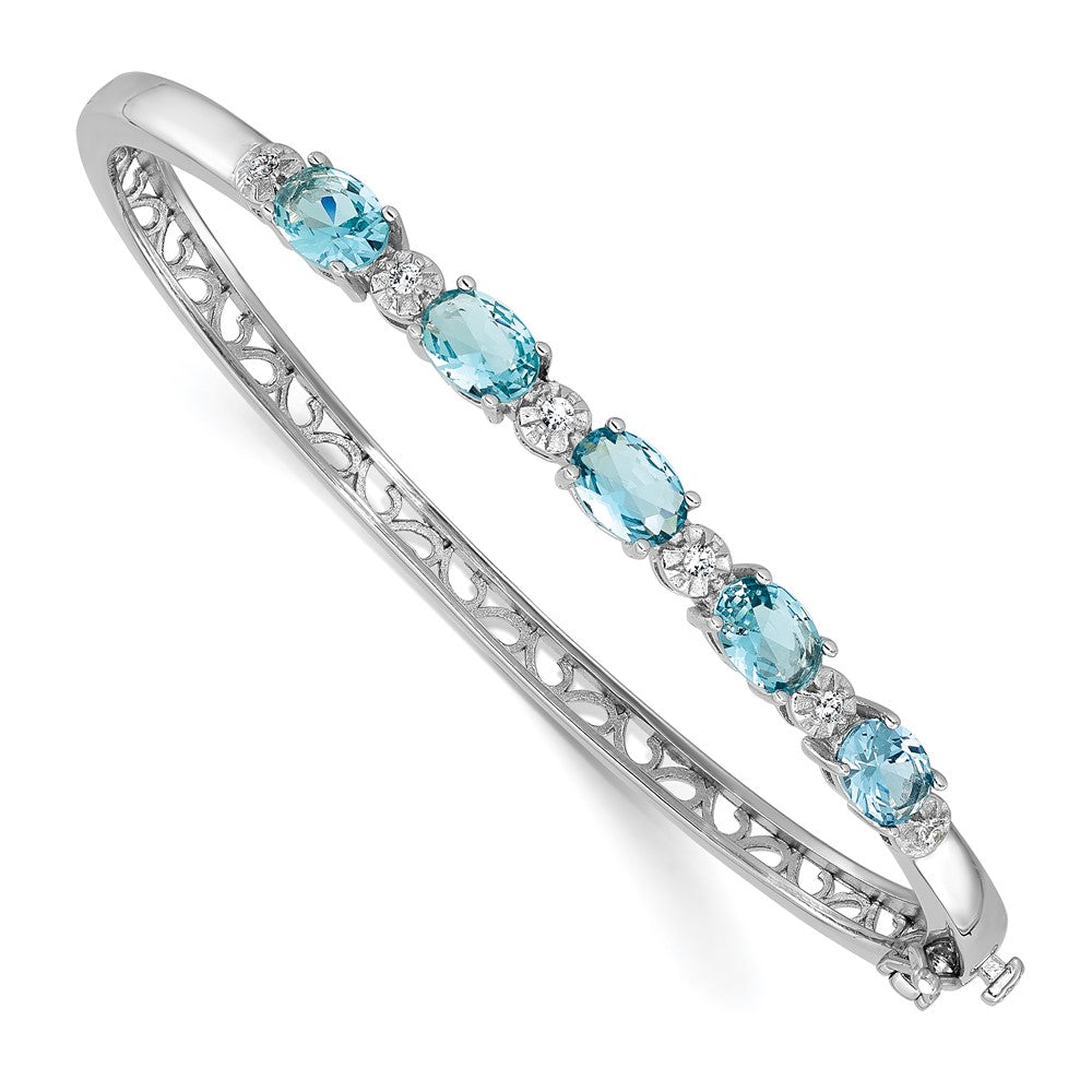 Cheryl M Sterling Silver Rhodium-plated Polished Fancy Aqua Glass and CZ Hinged Bangle QCM1779