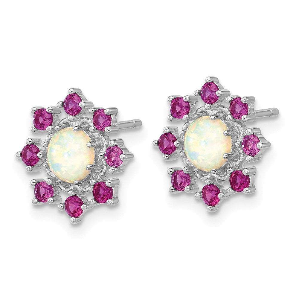 QCM1784 Cheryl M Sterling Silver Rhodium-plated Polished Created Opal and Pink Crystal Flower Post Earrings