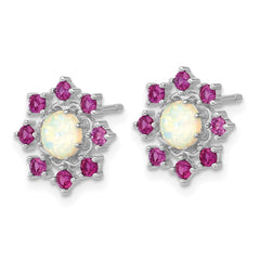 QCM1784 Cheryl M Sterling Silver Rhodium-plated Polished Created Opal and Pink Crystal Flower Post Earrings