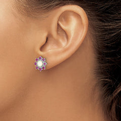 QCM1784 Cheryl M Sterling Silver Rhodium-plated Polished Created Opal and Pink Crystal Flower Post Earrings