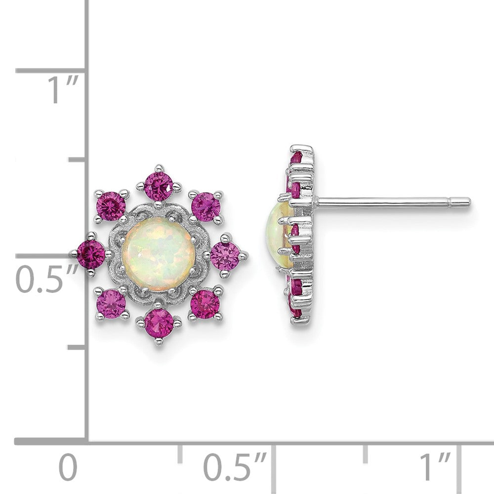 QCM1784 Cheryl M Sterling Silver Rhodium-plated Polished Created Opal and Pink Crystal Flower Post Earrings