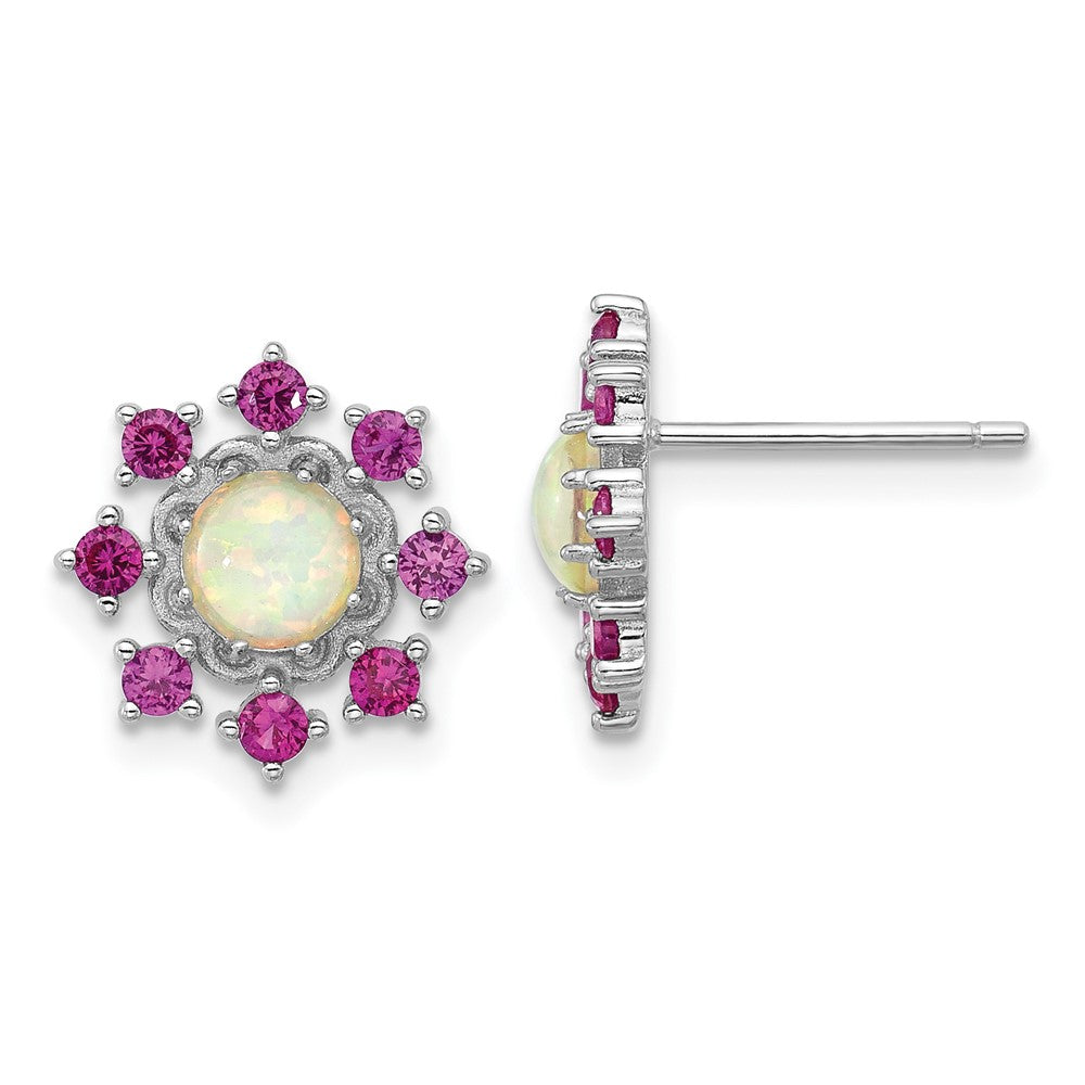 QCM1784 Cheryl M Sterling Silver Rhodium-plated Polished Created Opal and Pink Crystal Flower Post Earrings