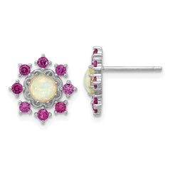 QCM1784 Cheryl M Sterling Silver Rhodium-plated Polished Created Opal and Pink Crystal Flower Post Earrings