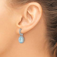 QCM1785 Cheryl M Sterling Silver Rhodium-plated Polished Aqua Glass and CZ Dangle Hinged Round Hoop Earrings