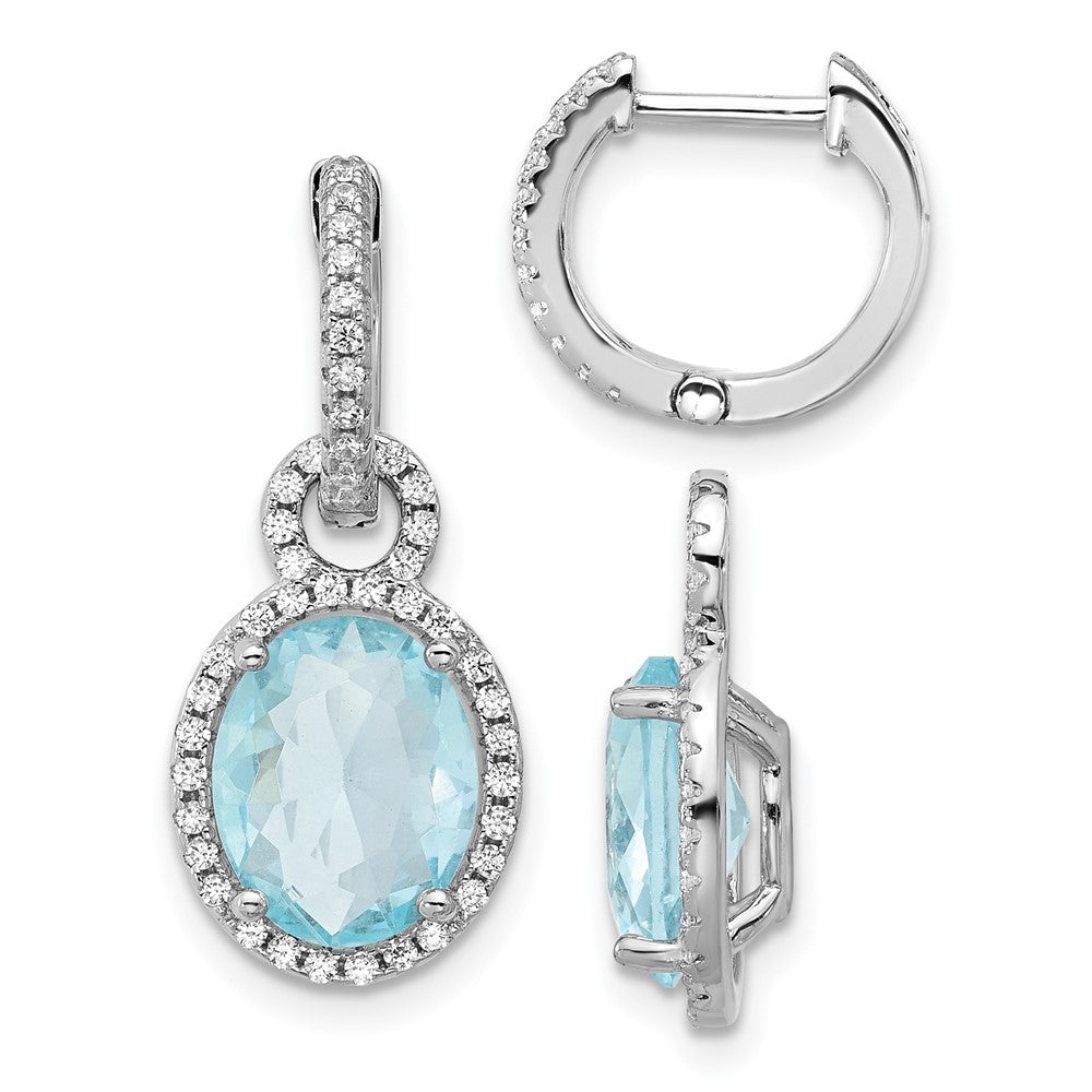 QCM1785 Cheryl M Sterling Silver Rhodium-plated Polished Aqua Glass and CZ Dangle Hinged Round Hoop Earrings