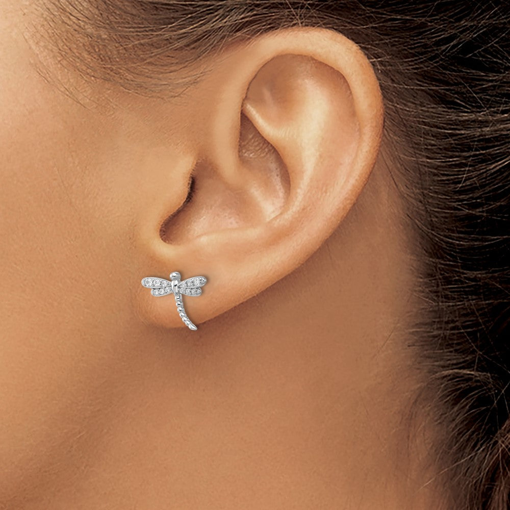 QCM1790 Cheryl M Sterling Silver Rhodium-plated Polished and Beaded CZ Dragonfly Post Earrings