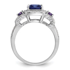 Cheryl M Sterling Silver Rhodium-plated Polished Fancy Blue Purple and White CZ Halo Ring