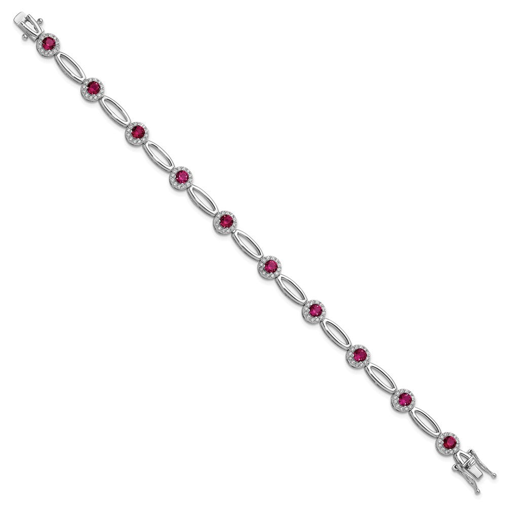 Cheryl M Sterling Silver Rhodium-plated Polished Fancy Lab Created Ruby and CZ Halo Bracelet QCM1806-7.5