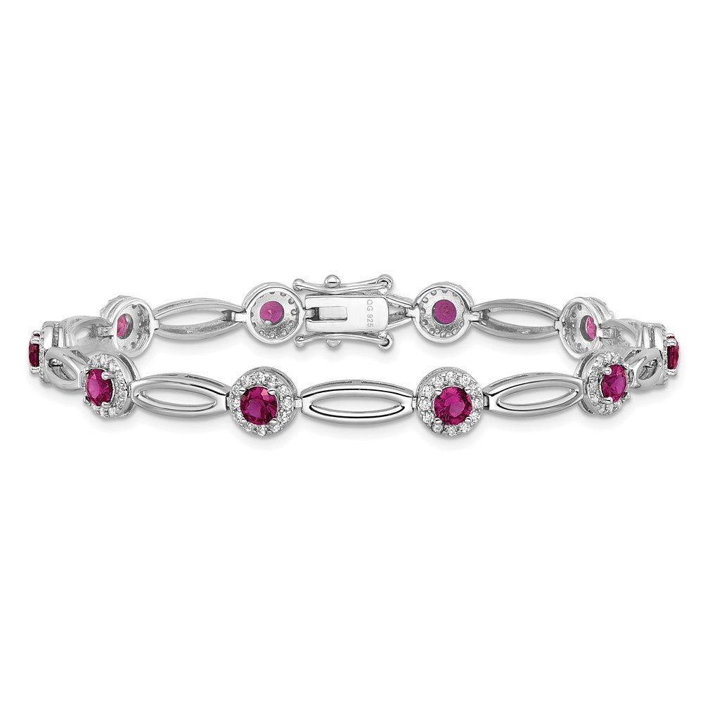Cheryl M Sterling Silver Rhodium-plated Polished Fancy Lab Created Ruby and CZ Halo Bracelet QCM1806-7.5