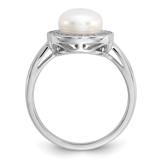Cheryl M Sterling Silver Rhodium-plated Polished Freshwater Cultured Pearl and CZ Halo Ring