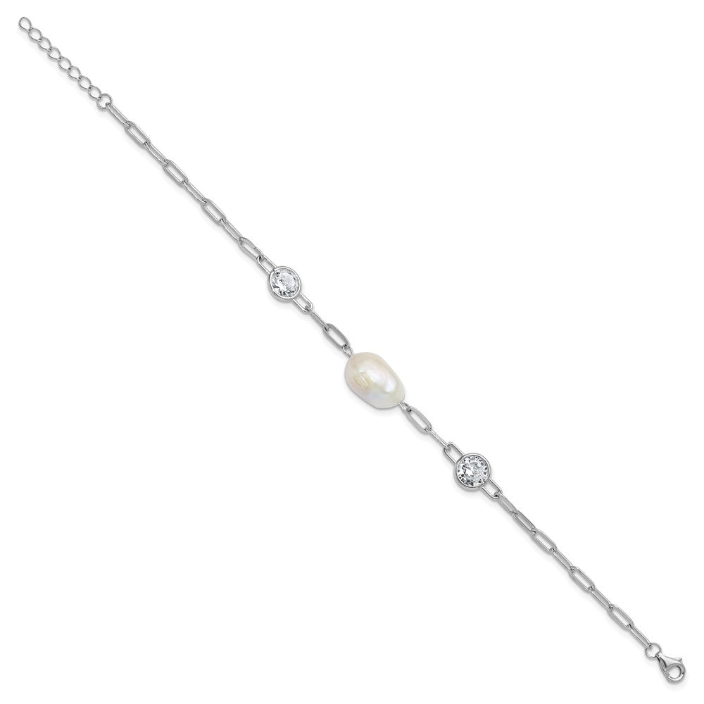 Cheryl M Sterling Silver Rhodium-plated Polished Freshwater Cultured Pearl and CZ Link with .75 Inch Extension Bracelet QCM1834-7