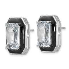 QCM1838 Cheryl M Sterling Silver Rhodium-plated Polished Black Enamel and Emerald-cut CZ Post Earrings