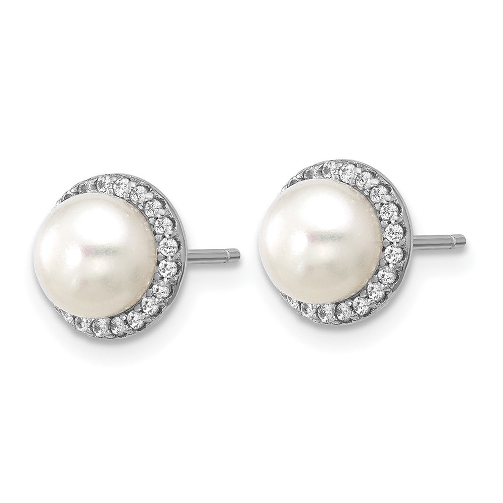 QCM1839 Cheryl M Sterling Silver Rhodium-plated Polished Freshwater Cultured Pearl and CZ Halo Post Earrings