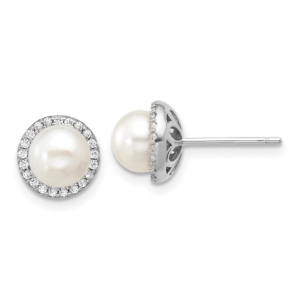 QCM1839 Cheryl M Sterling Silver Rhodium-plated Polished Freshwater Cultured Pearl and CZ Halo Post Earrings