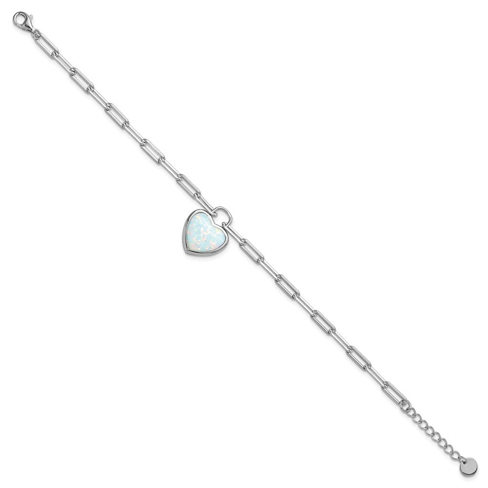 Cheryl M Sterling Silver Rhodium-plated Polished Created Opal Heart Paperclip Link with 1 Inch Extension Bracelet QCM1841-7