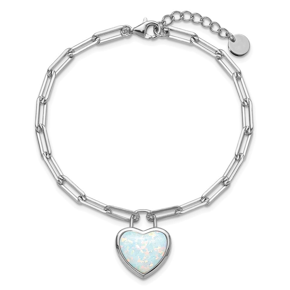 Cheryl M Sterling Silver Rhodium-plated Polished Created Opal Heart Paperclip Link with 1 Inch Extension Bracelet QCM1841-7