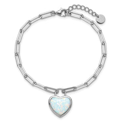 Cheryl M Sterling Silver Rhodium-plated Polished Created Opal Heart Paperclip Link with 1 Inch Extension Bracelet QCM1841-7