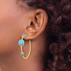 QCM1844 Cheryl M Sterling Silver Gold-plated Brushed and Hammered Lab Created Turquoise Post C-Hoop Earrings
