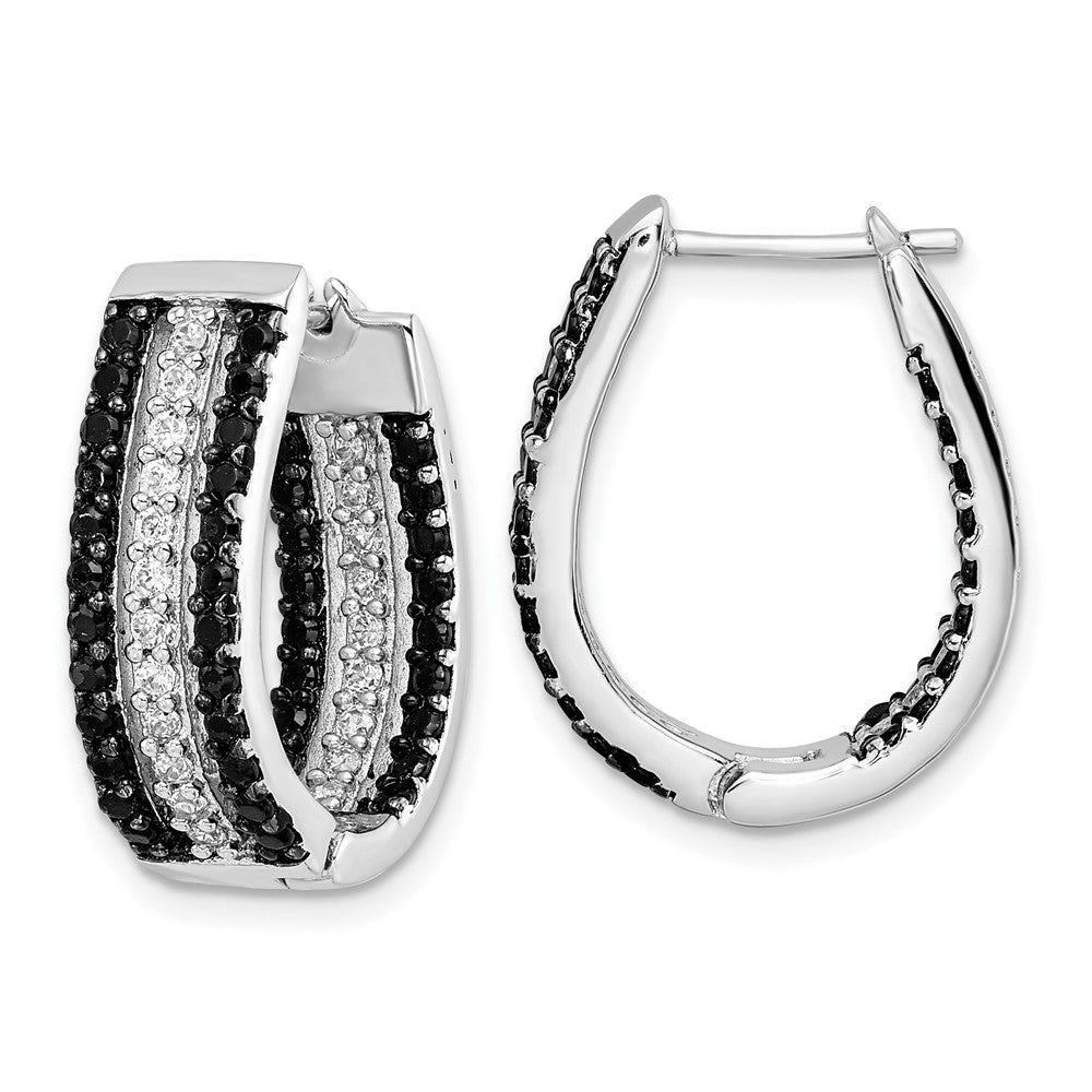 QCM1859 Cheryl M Sterling Silver Rhodium-plated Polished Black and White CZ Oval In and Out Hoop Earrings