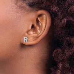 QCM1867R Cheryl M Sterling Silver Rhodium-plated Polished Letter R CZ Initial Post Earrings