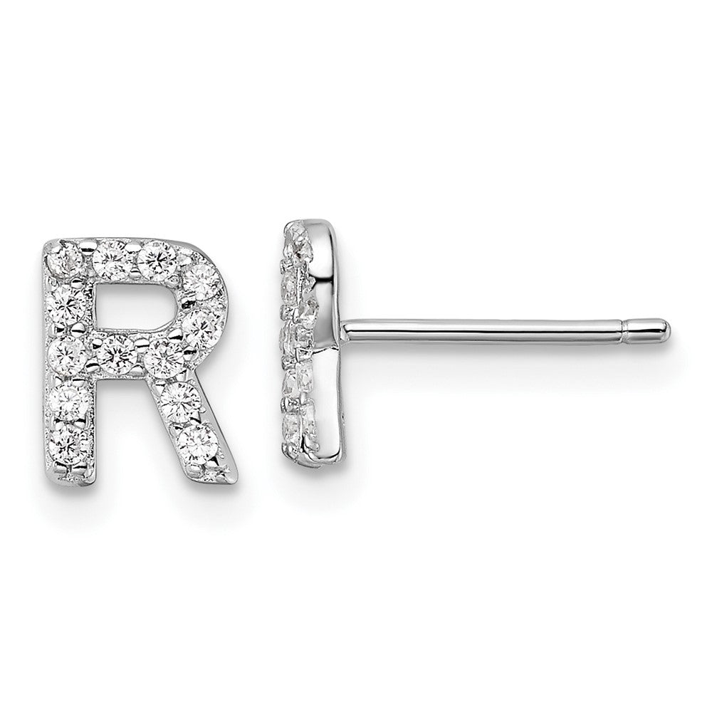 QCM1867R Cheryl M Sterling Silver Rhodium-plated Polished Letter R CZ Initial Post Earrings