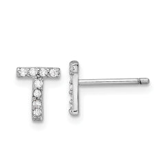 QCM1867T Cheryl M Sterling Silver Rhodium-plated Polished Letter T CZ Initial Post Earrings