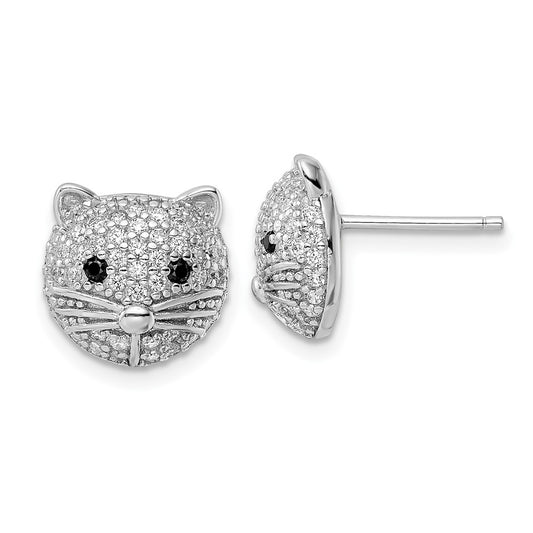 QCM1868 Cheryl M Sterling Silver Rhodium-plated Polished Black and White CZ Cat Post Earrings