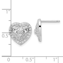 QCM1869 Cheryl M Sterling Silver Rhodium-plated Polished CZ Filigree Heart Post Earrings