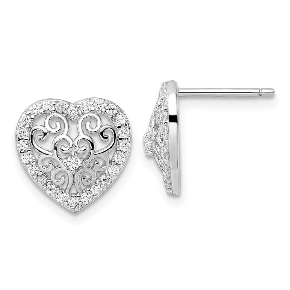 QCM1869 Cheryl M Sterling Silver Rhodium-plated Polished CZ Filigree Heart Post Earrings