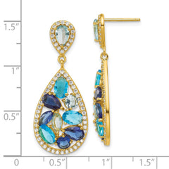 QCM1871Y Cheryl M Sterling Silver Gold-plated Polished Blue Glass and CZ Fancy Teardrop Post Dangle Earrings