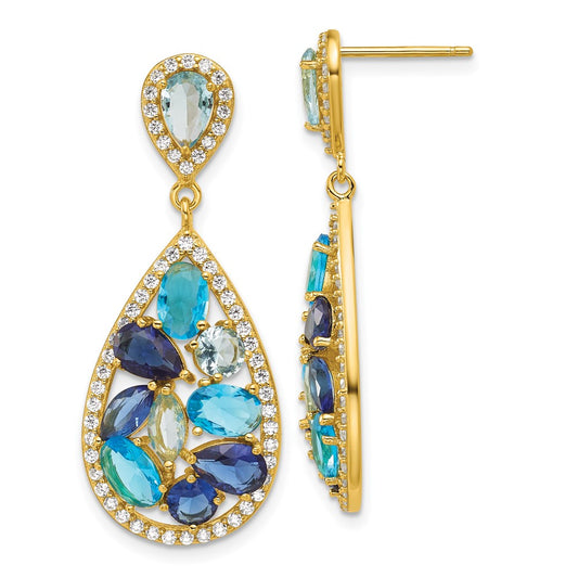 QCM1871Y Cheryl M Sterling Silver Gold-plated Polished Blue Glass and CZ Fancy Teardrop Post Dangle Earrings