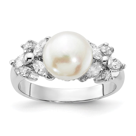 Cheryl M Sterling Silver Rhodium-plated Polished CZ and Freshwater Cultured Pearl Ring