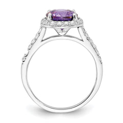 Cheryl M Sterling Silver Rhodium-plated Polished Purple and White CZ Round Halo Ring