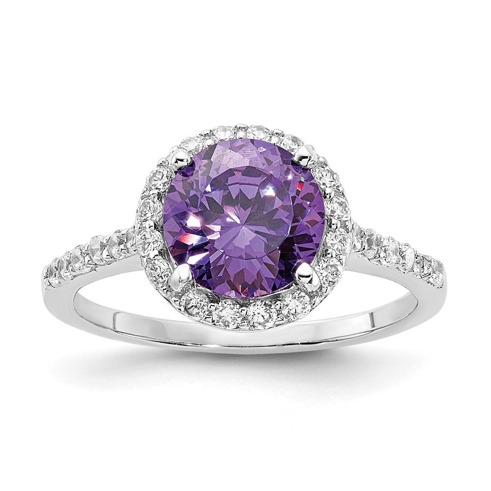 Cheryl M Sterling Silver Rhodium-plated Polished Purple and White CZ Round Halo Ring