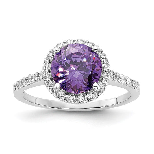 Cheryl M Sterling Silver Rhodium-plated Polished Purple and White CZ Round Halo Ring