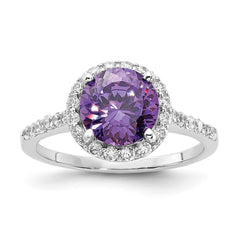 Cheryl M Sterling Silver Rhodium-plated Polished Purple and White CZ Round Halo Ring