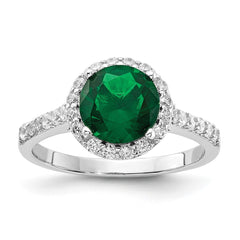 Cheryl M Sterling Silver Rhodium-plated Polished Green Glass and CZ Round Halo Ring