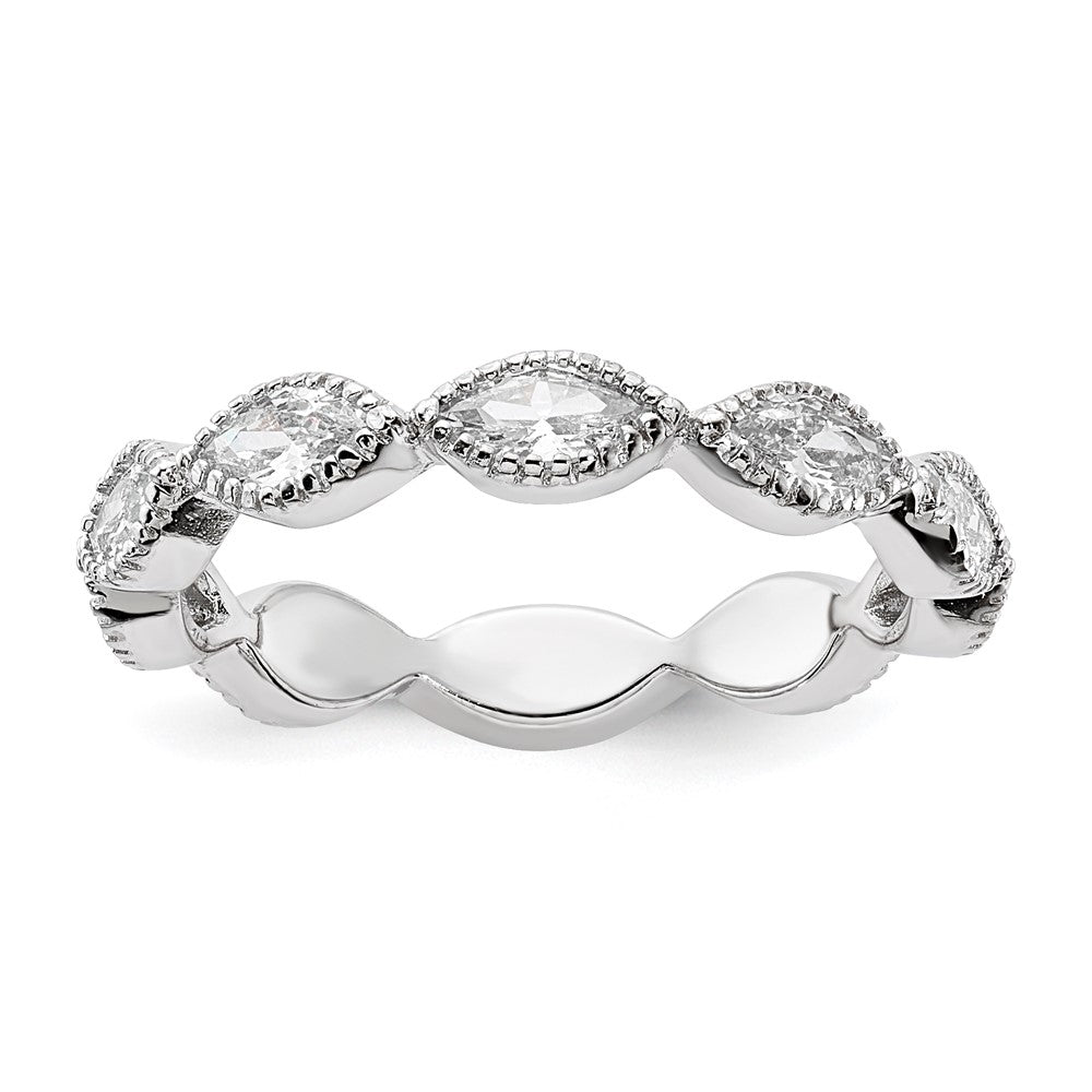 Cheryl M Sterling Silver Rhodium-plated Polished and Beaded Navette CZ Ring