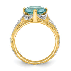 Cheryl M Sterling Silver Rhodium and Gold-plated Polished and Textured Blue Glass and CZ Ring