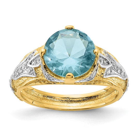 Cheryl M Sterling Silver Rhodium and Gold-plated Polished and Textured Blue Glass and CZ Ring