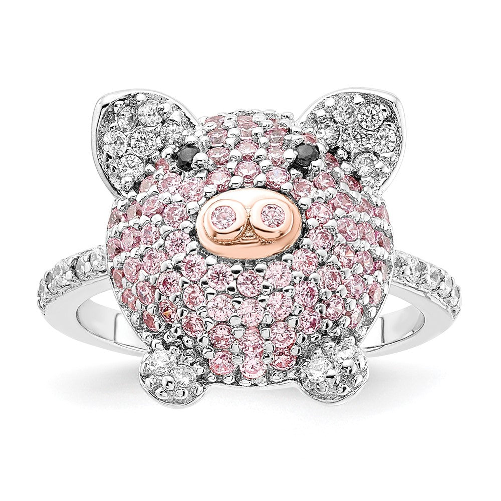 Cheryl M Sterling Silver Rhodium and Rose Gold-plated Polished Multicolor CZ Pig Ring