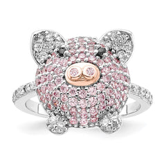 Cheryl M Sterling Silver Rhodium and Rose Gold-plated Polished Multicolor CZ Pig Ring