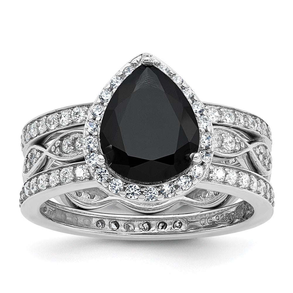Cheryl M Sterling Silver Rhodium-plated Polished Black and White CZ Teardrop Halo 3 Ring Set